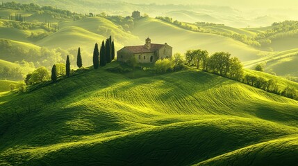 Fototapeta premium Tranquil Countryside Landscape with Rolling Green Hills and Trees