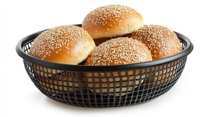 Freshly baked sesame seed buns in a black basket ready for serving at a casual dining event
