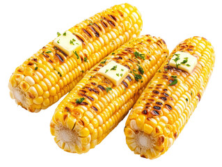 Grilled corn on the cob garnished with butter and herbs on a transparent background, cut out