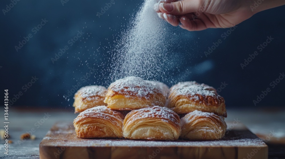 Poster Close-up of a hand sprinkling powdered sugar over a stack of flaky pastries on a wooden board. The dark background enhances the texture and highlights the delicate layers.. AI Generation