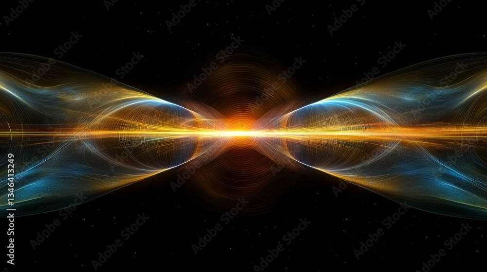Poster ethereal light waves intertwined in cosmic space with glowing center and radiating colors creating s
