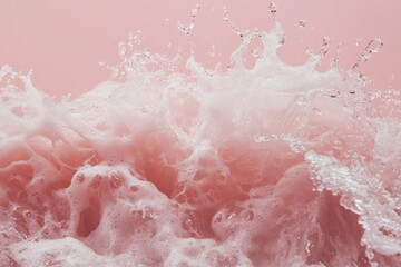 Close up view of pink liquid splashing with foam against a light pink solid background