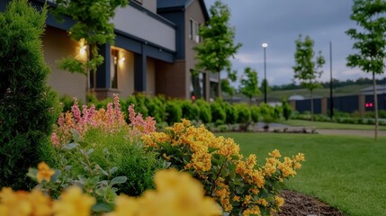 Fototapeta premium A serene garden adorned with vibrant, multicolored trees and blooming flowers, inviting tranquility and harmony.