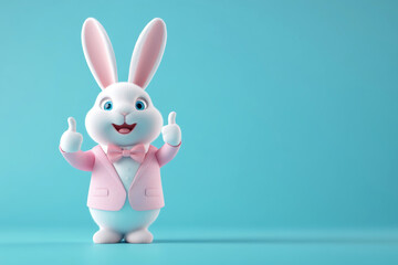 Cartoon rabbit in a pink suit and bow tie, giving thumbs-up on both paws, pastel blue background. Easter card.