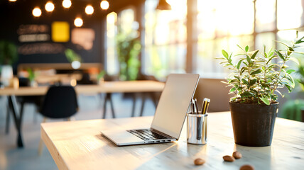 Bright workspace with laptop, plant, and stationery on a wooden desk. Sunny office, ideal for remote work and productivity.