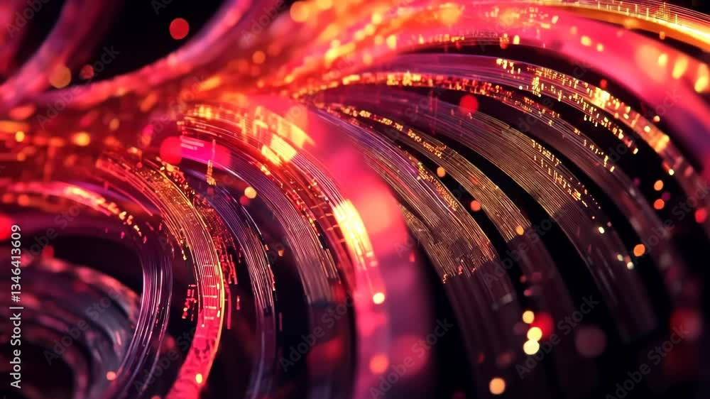 Poster exploring vibrant patterns of light and color in a dynamic digital environment