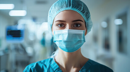 Portrait of a nurse in a hospital, wearing scrubs and a mask, focused expression, capturing dedication and care, medical equipment in the background, bright lighting