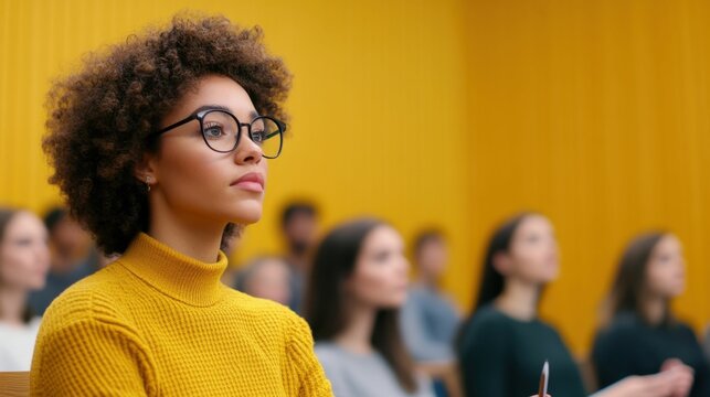 A teacher sitting in a staff meeting, listening attentively while jotting down notes, with a tired but determined look,