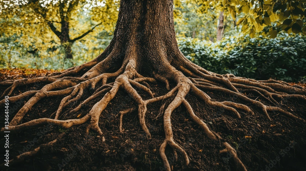 Aufkleber close-up of tree roots emerging from soil in lush forest setting
