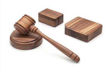 A wooden gavel with a round base and two rectangular blocks on a white background in a studio shot