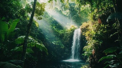 Fototapeta premium Serene Waterfall Cascading into Lush Tropical Rainforest Scene