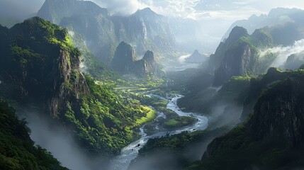 Obraz premium Serene Landscape with Rolling Mountains and Lush Greenery