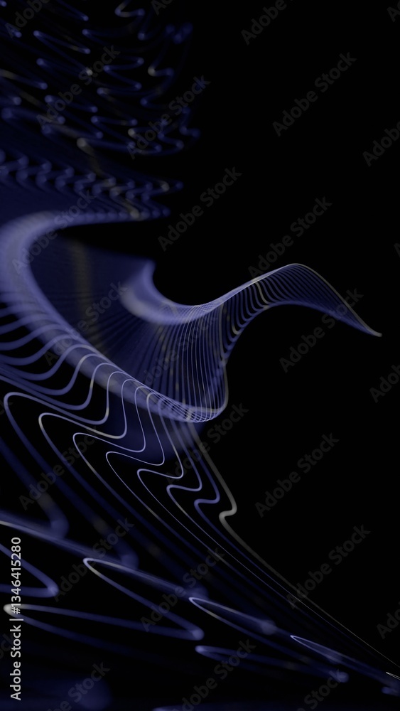 Fototapete Curved glowing lines forming a fluid wave pattern on a black background, creating a minimal and futuristic abstract design........