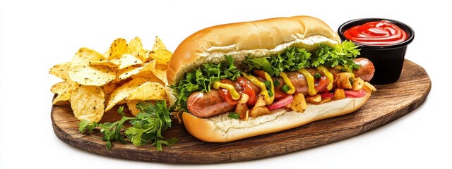 hotdog or hot dog is a dish consisting of a grilled, steamed, or boiled sausage served in the slit of a half sliced bun served with potato chips, ketchup and mustard. isolated on white background