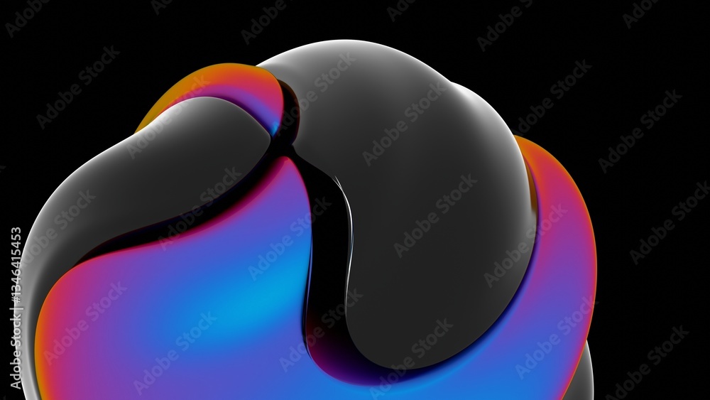 Poster fluid black and vibrant gradient surfaces merging in a sleek abstract design, featuring bold color t