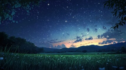 Naklejka premium Starry Night Sky Over Green Field and Distant Mountains at Dusk