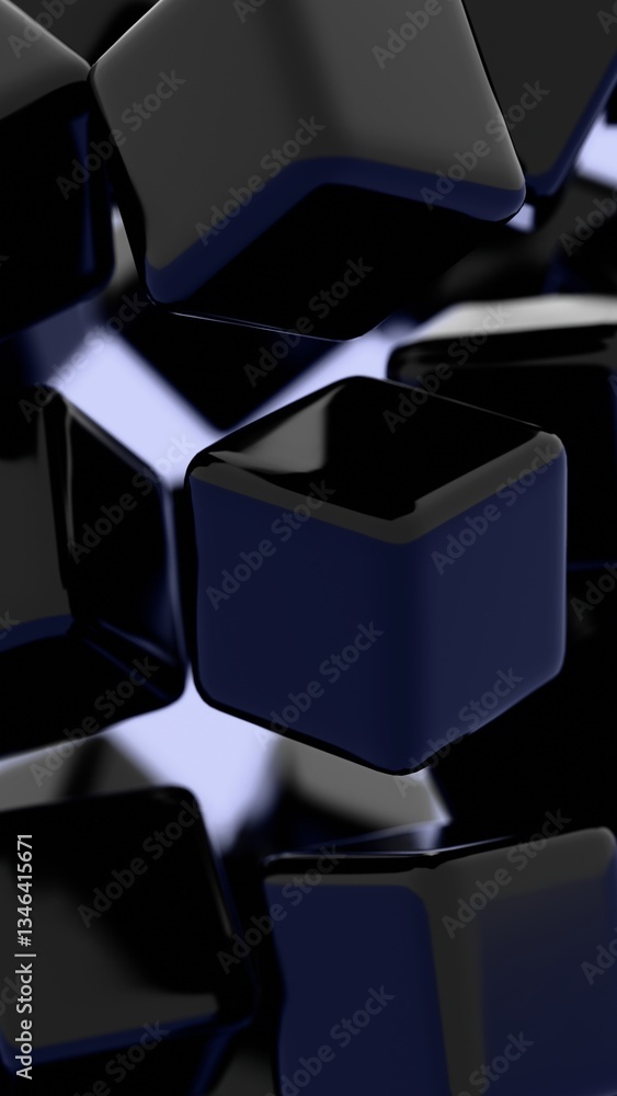 Fototapete Glossy black cubes with rounded edges floating in a minimal composition, creating a modern, sleek, and futuristic design with smooth reflections........