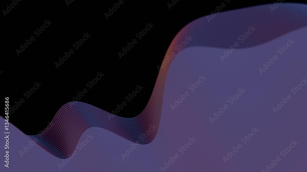Poster Flowing purple wave lines forming layered curves against a black background, creating a modern and minimal abstract design with fluid motion........