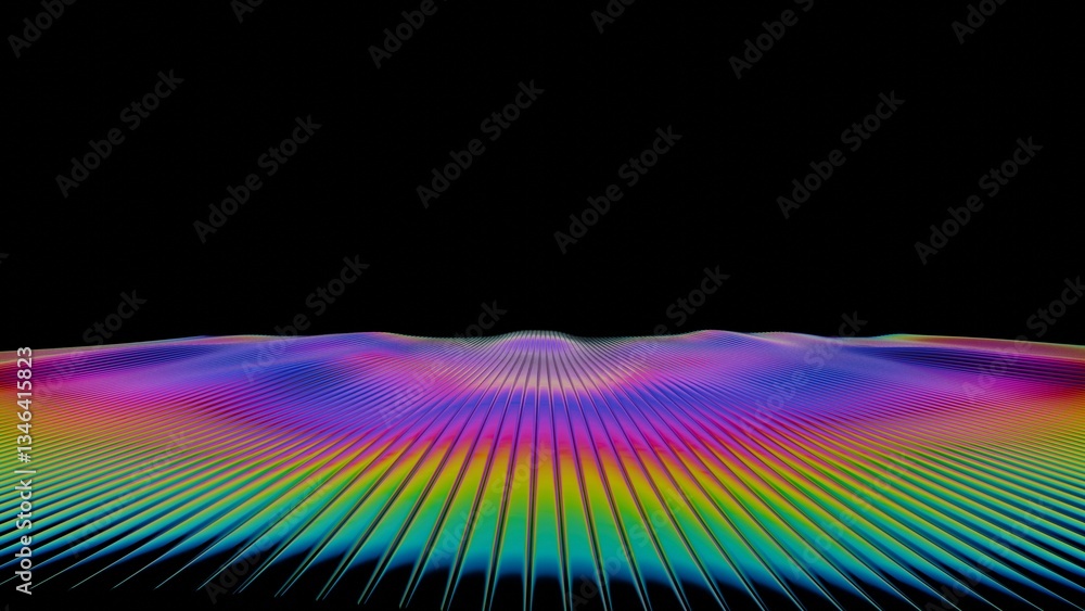 Aufkleber vibrant rainbow lines radiate across a dark background, forming a fluid wave-like surface with brigh