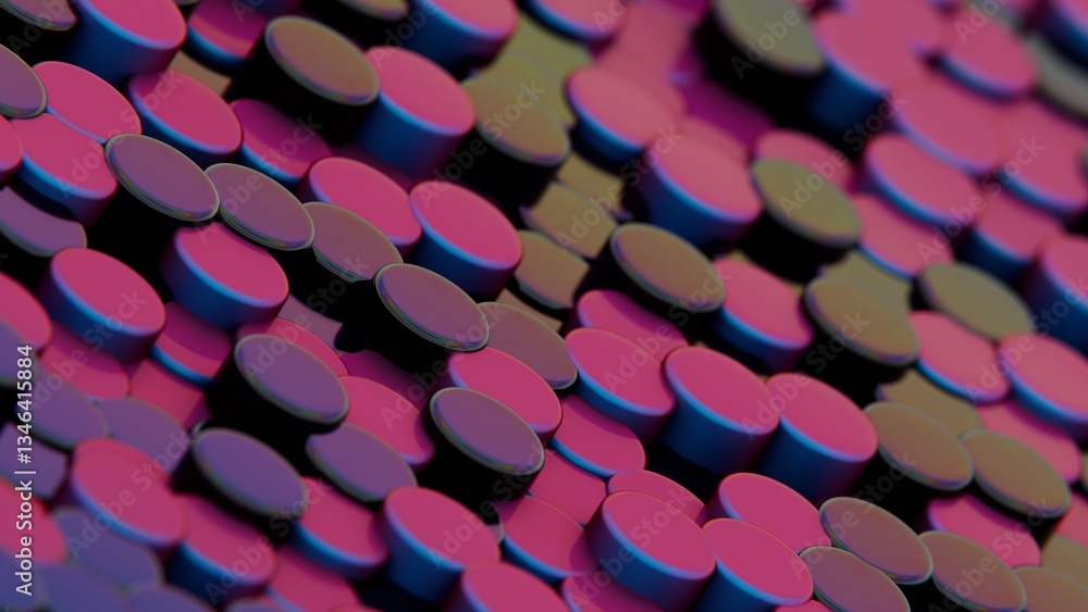 Poster Vibrant pink and blue discs arranged in a dynamic 3D pattern, forming a modern geometric composition with layered color transitions and a playful aesthetic........