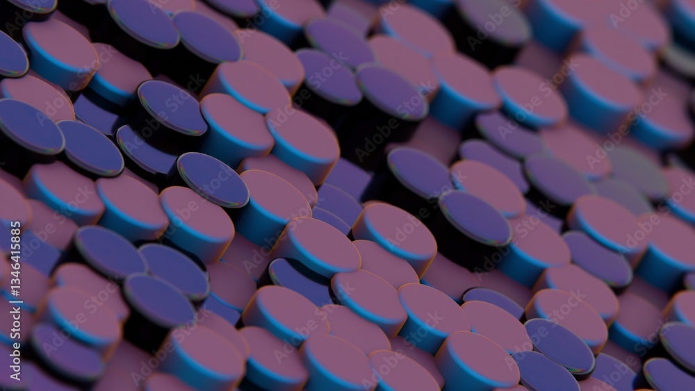 Poster Vibrant pink and blue discs arranged in a dynamic 3D pattern, forming a modern geometric composition with layered color transitions and a playful aesthetic........
