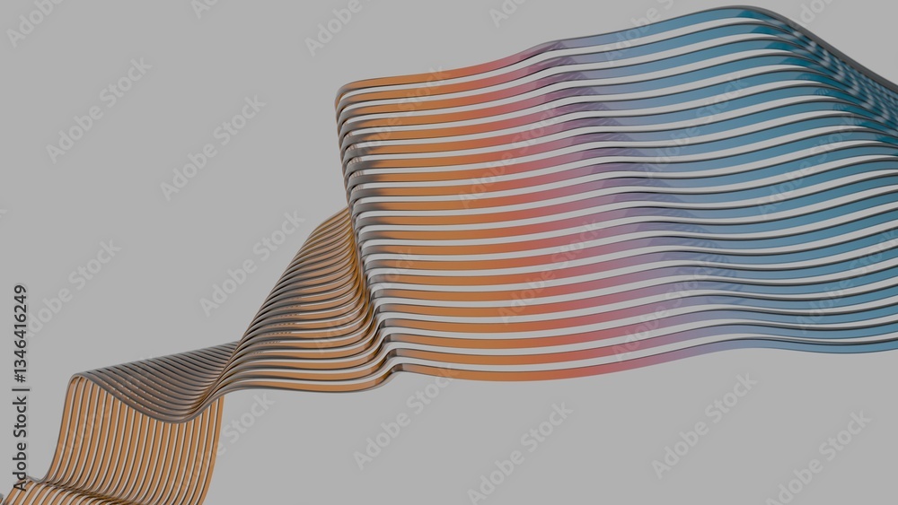 Poster Wavy abstract lines in orange, purple, and blue flow across a gray background, creating a sleek, minimal design with smooth curves and fluid motion.