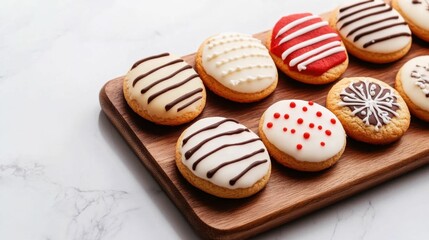 Obraz premium Festive holiday cookies with colorful icing patterns on wooden tray