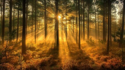 Serene Forest with Sunlight Streaming Through Trees at Dawn