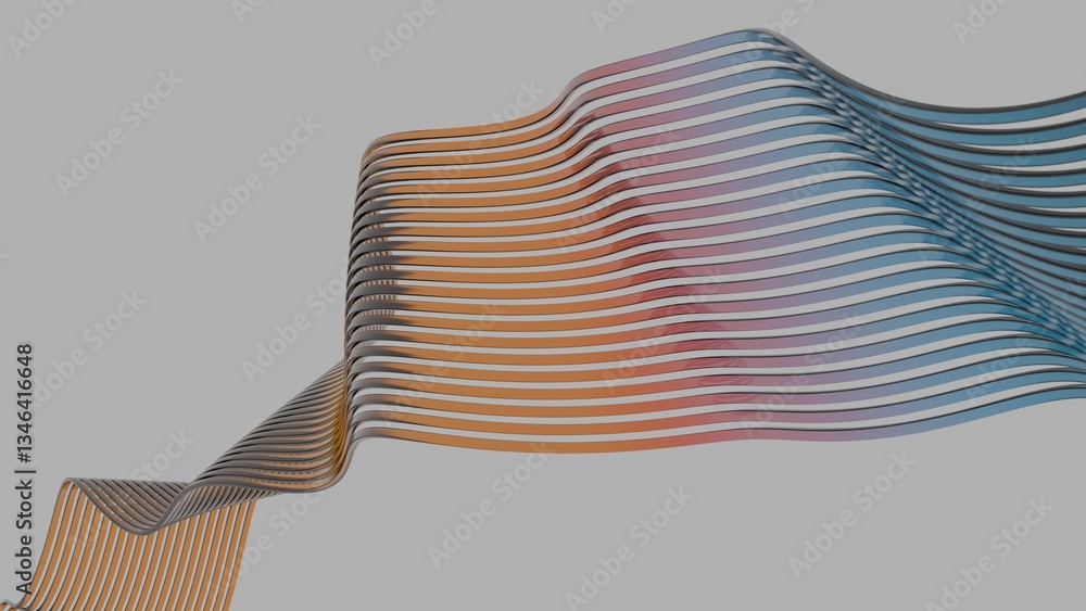 Poster Wavy abstract lines in orange, purple, and blue flow across a gray background, creating a sleek, minimal design with smooth curves and fluid motion.