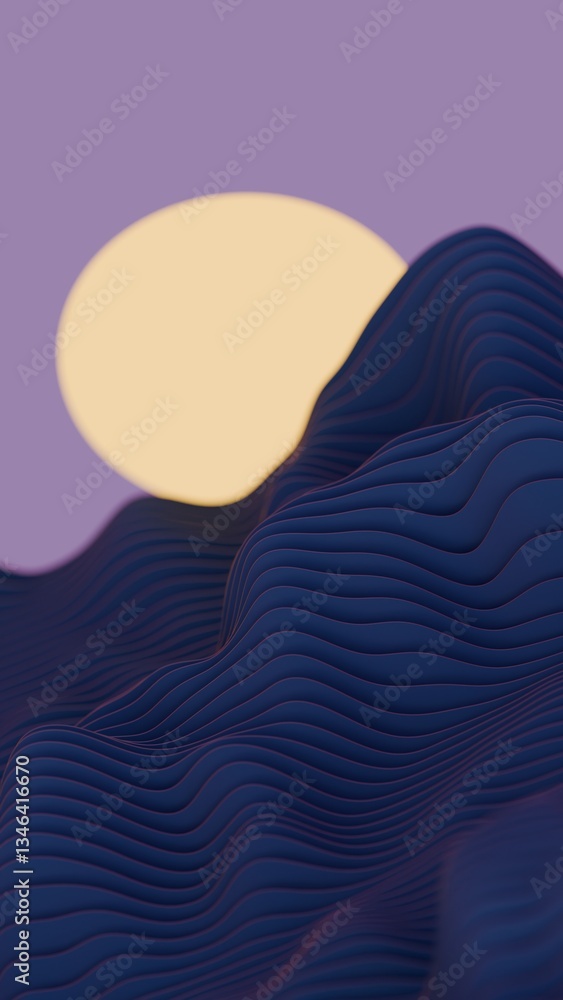 Aufkleber Navy blue waves layered in the foreground with a large circular shape on a purple background, creating a minimal, modern, and surreal design.