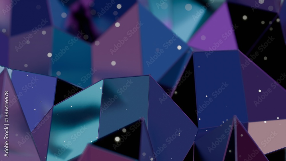 Poster vibrant polygonal shapes in purple and teal with scattered white particles, creating a modern 3d abs