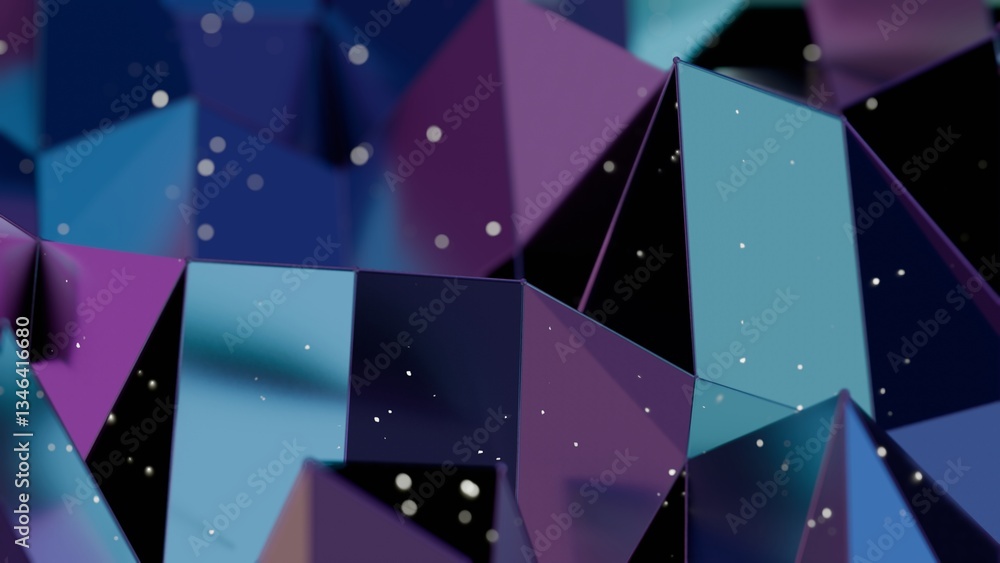 Poster vibrant polygonal shapes in purple and teal with scattered white particles, creating a modern 3d abs