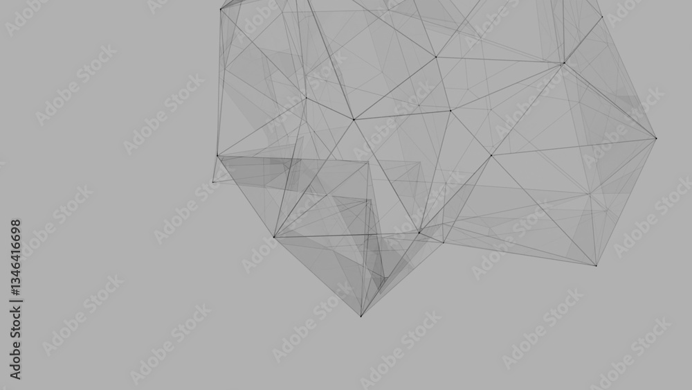 Poster Grayscale wireframe polygon structure with spiky, abstract geometry on a neutral background, forming a minimal and futuristic design with conceptual aesthetics........