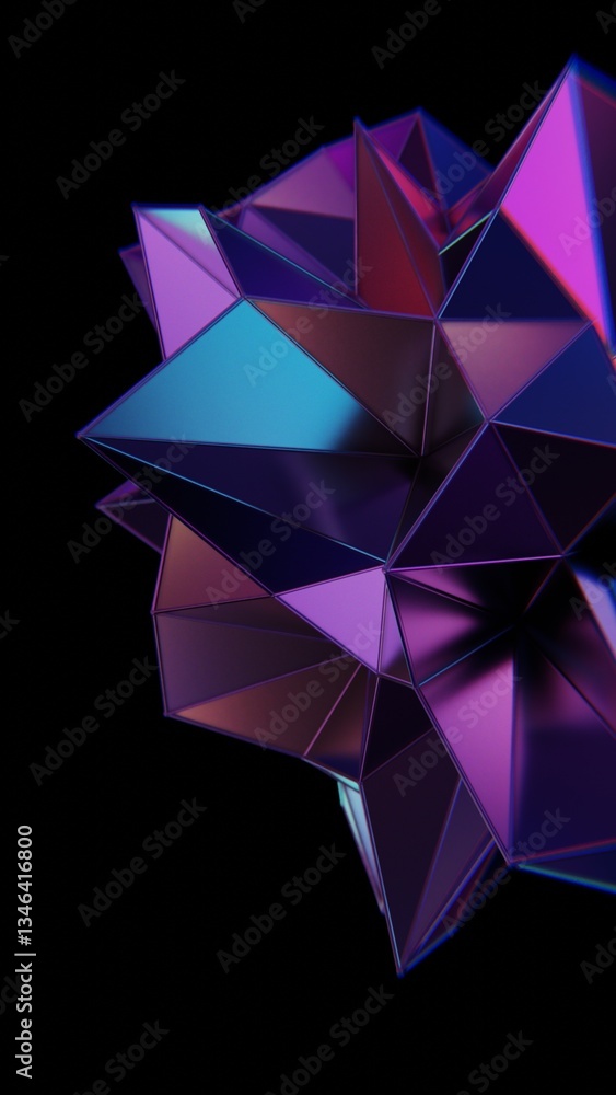 Leinwandbilder multi-faceted polyhedron with purple and teal triangles on a black background, reflecting a glossy, 