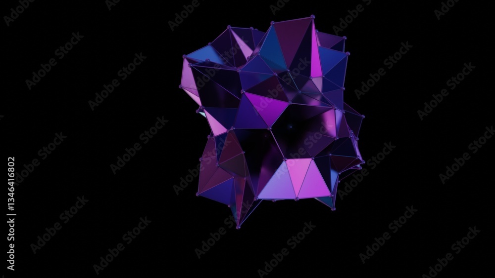 Fototapete multi-faceted polyhedron with purple and teal triangles on a black background, reflecting a glossy, 