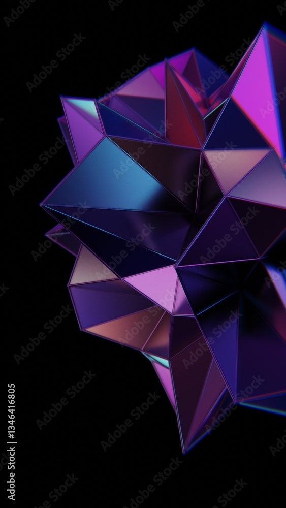 Leinwandbilder multi-faceted polyhedron with purple and teal triangles on a black background, reflecting a glossy, 