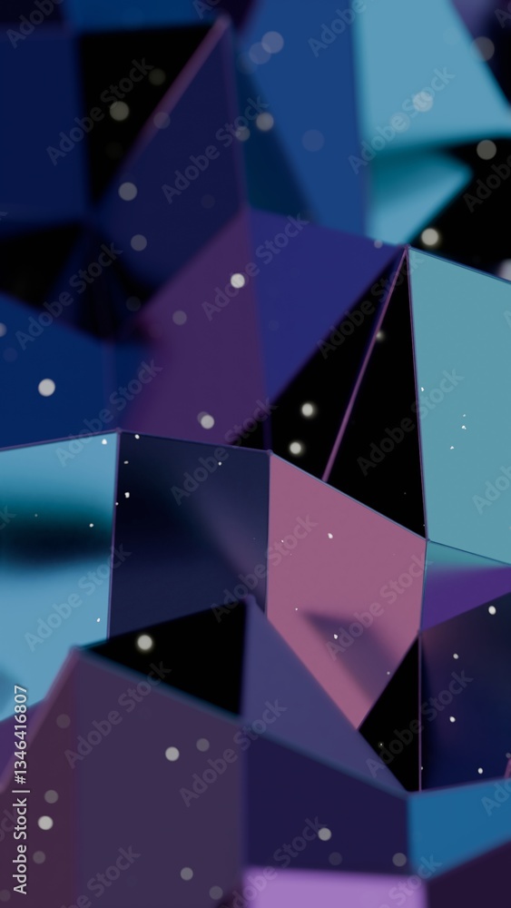 Poster vibrant polygonal shapes in purple and teal with scattered white particles, creating a modern 3d abs