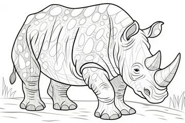 Fototapeta premium Safari animal theme, Outlined rhinoceros with unique patterns in a natural setting. Outline for coloring