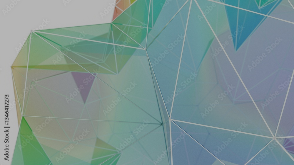 Poster a colorful polygon mesh with pastel tones and wireframe lines, forming a delicate, overlapping geome