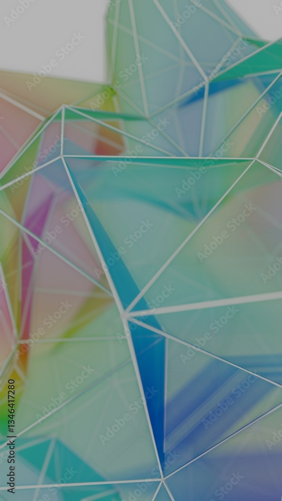 Poster a colorful polygon mesh with pastel tones and wireframe lines, forming a delicate, overlapping geome