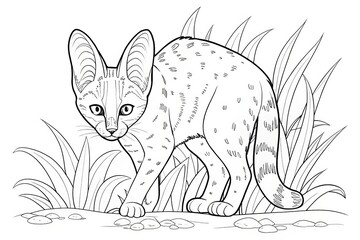 Obraz premium Safari animal theme, Drawing of a wild cat surrounded by grass, showcasing its distinct features and posture. Outline for coloring