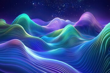 Fototapeta premium Abstract digital landscape with colorful flowing waves under a starry night sky, evoking tranquility