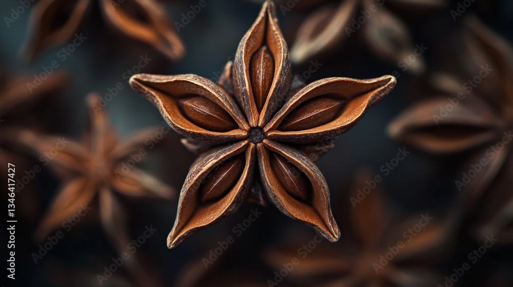 Poster a vibrant macro shot of a star anise pod with sharp detail on its unique star-like structure. the bo
