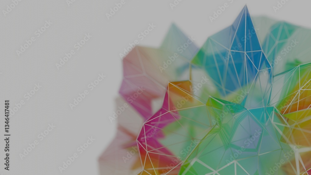 Poster a colorful polygon mesh with pastel tones and wireframe lines, forming a delicate, overlapping geome