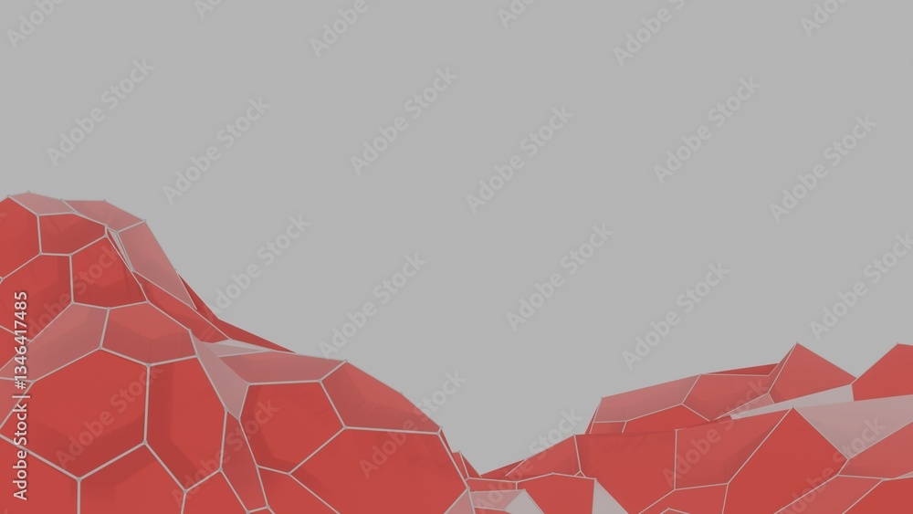 Poster vivid red polygonal surfaces form a low-poly mountain-like landscape on a light background, creating