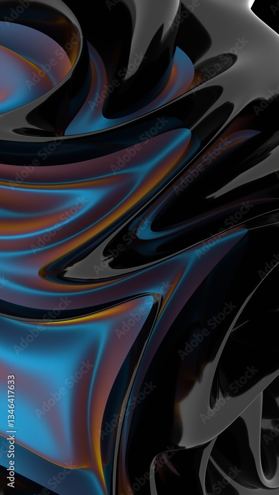 Poster A glossy black and blue swirl with hints of orange, forming a fluid, modern shape that merges reflection and color shifts in a dynamic 3D design.......