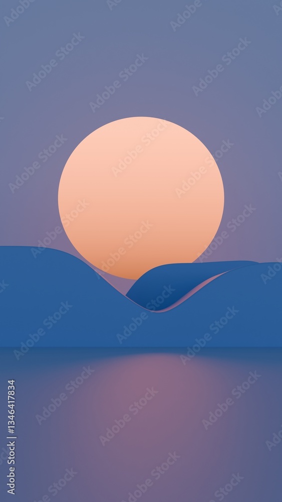 Aufkleber minimal abstract scene with a large orange sun and rolling blue waves against a purple sky, creating