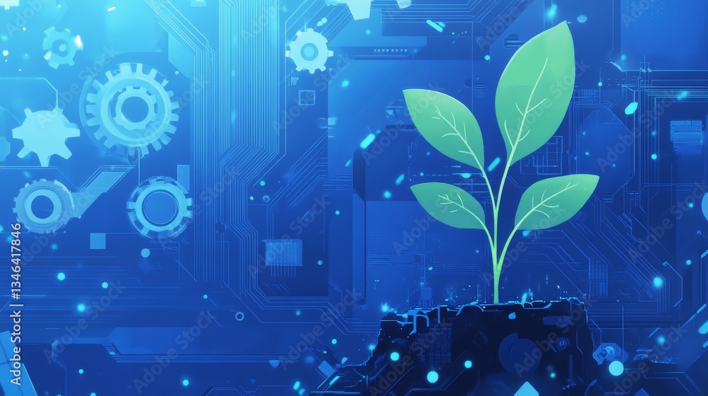 Poster a glowing green plant growing within a digital circuit backdrop. this futuristic scene represents th