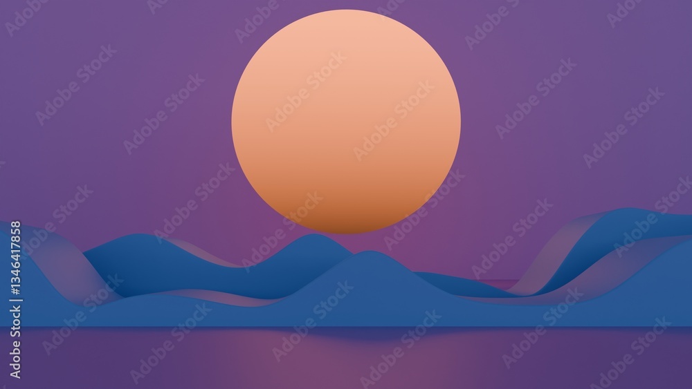 Poster minimal abstract scene with a large orange sun and rolling blue waves against a purple sky, creating