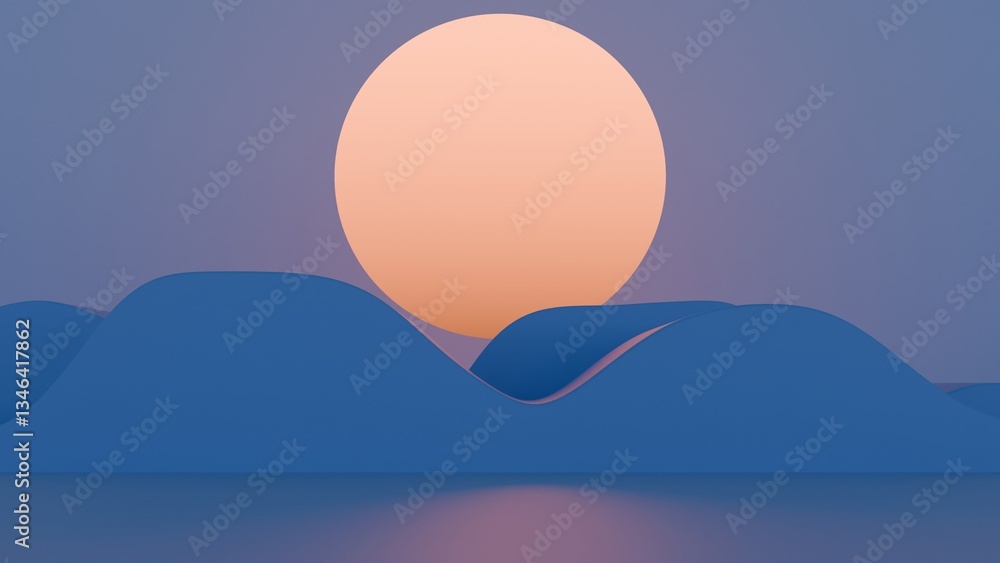 Poster minimal abstract scene with a large orange sun and rolling blue waves against a purple sky, creating